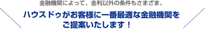 金融機関によって、金利以外の条件もさまざま。ハウスドゥがお客様に一番最適な金融機関をご提案いたします！